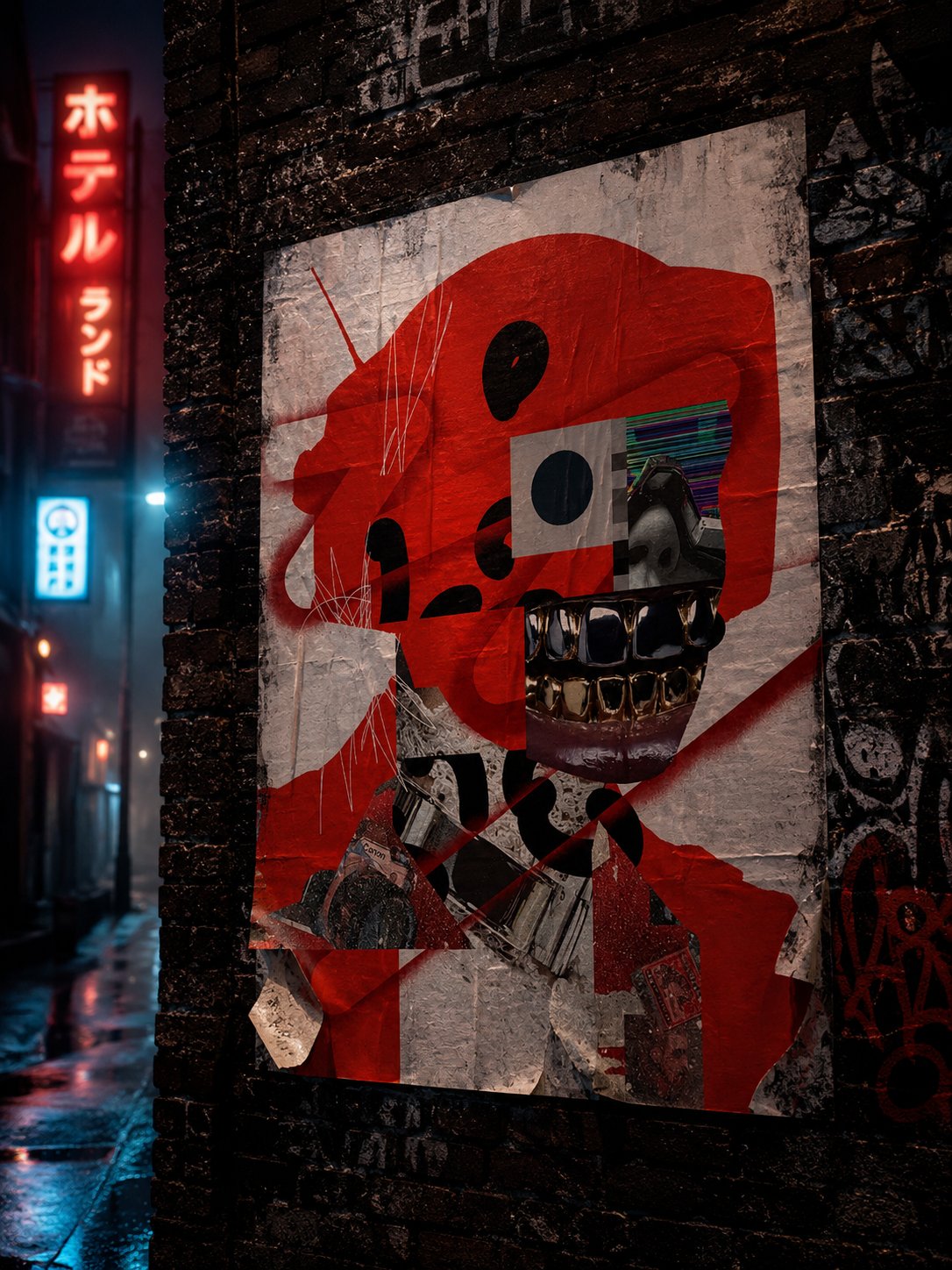 R3ORDR entity wheatpasted on a neon-lit street wall